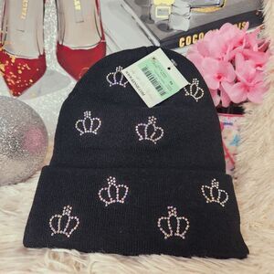 KENSIE Crown Rhinestone Embellished Knit Beanie NWT